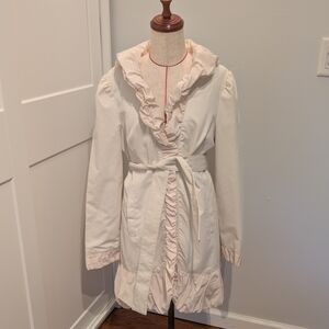 Blanc Noir Coat Formal Ruffled Fully Lined Snap & Tie Front Size L Ivory